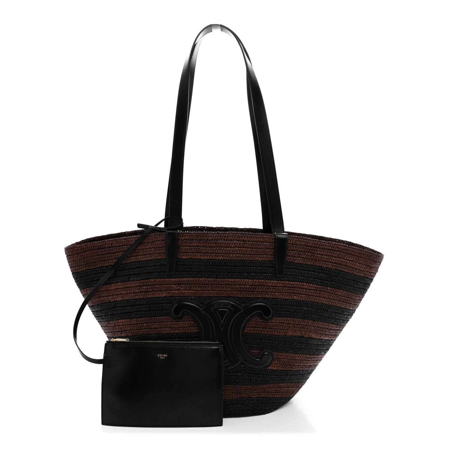 Celine Raffia Striped Calfskin Triomphe Couffin Panier Black Brown 3 of 10