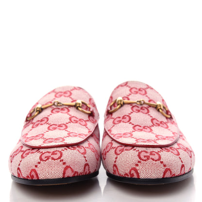 Gucci Canvas GG Monogram Horsebit Womens Jordaan Loafers 38 Gardenia Hibiscus Red 2 of 11