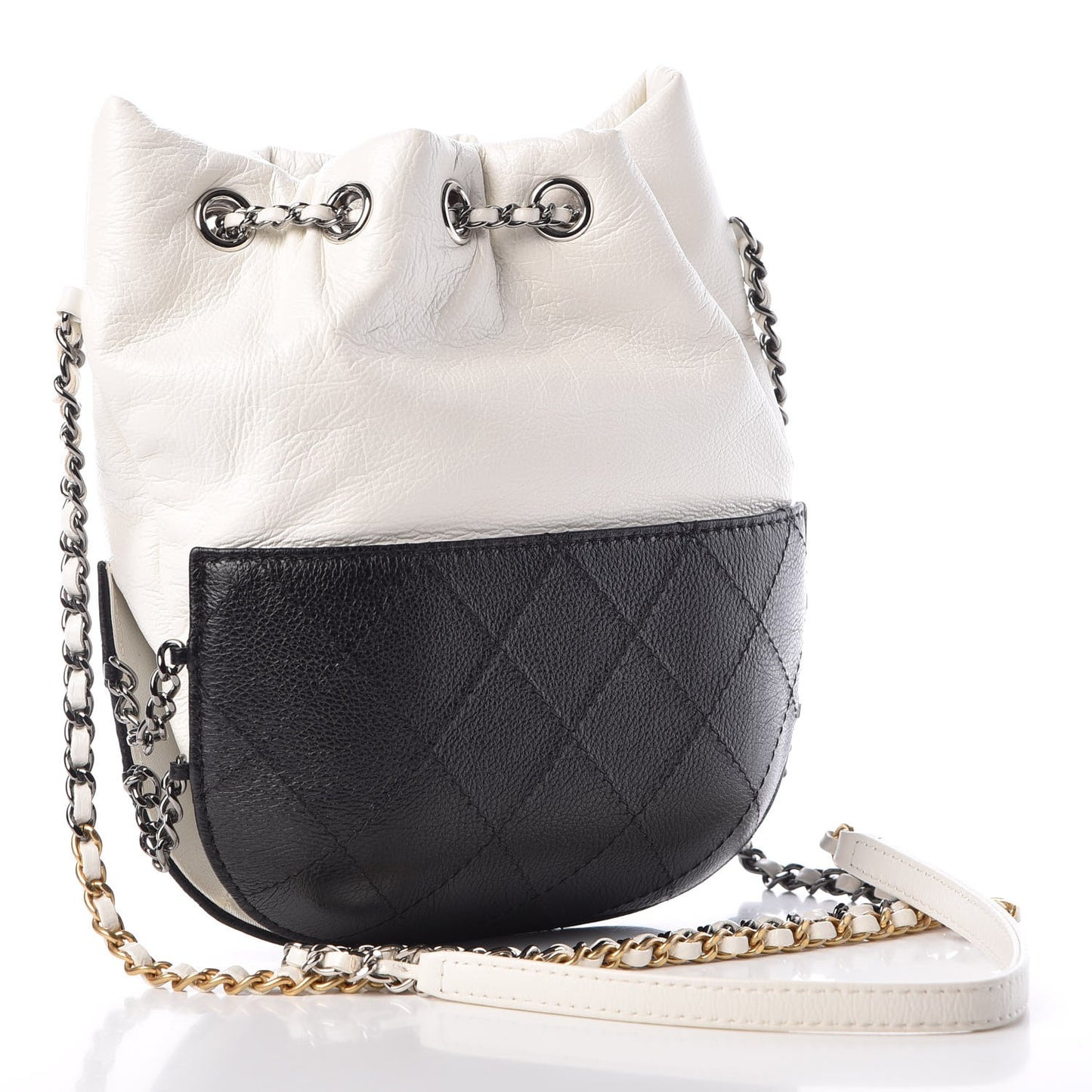 Aged Calfskin Quilted Small Gabrielle Bucket White Black