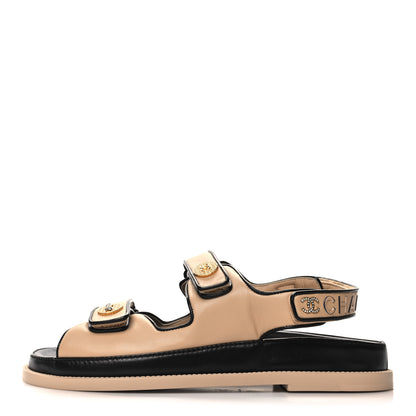 Chanel Lambskin Velcro Dad Slide Sandals 41 Beige Black 1 of 9