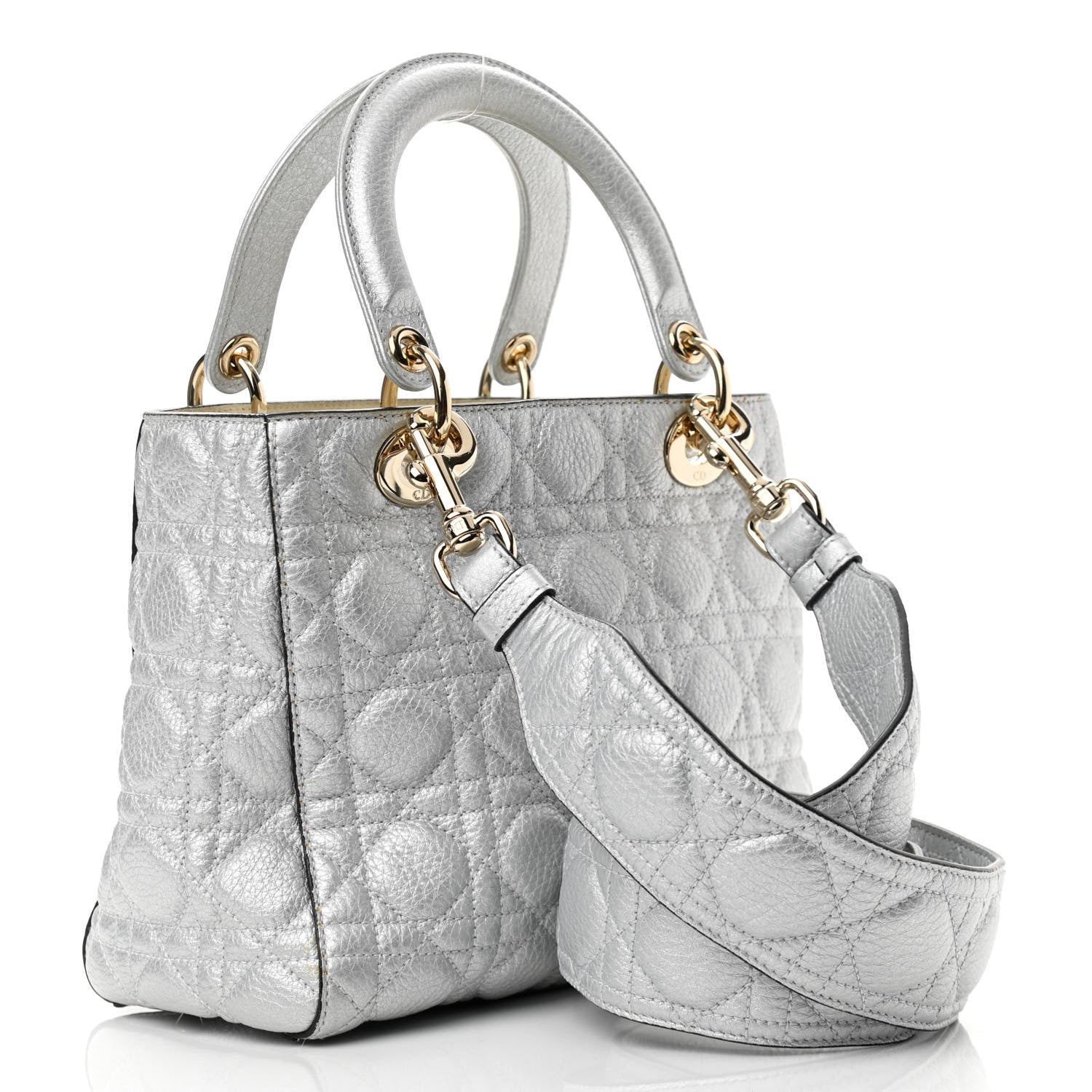 Christian Dior Metallic Grained Calfskin Cannage Medium Supple Lady Dior Silver 3 of 16