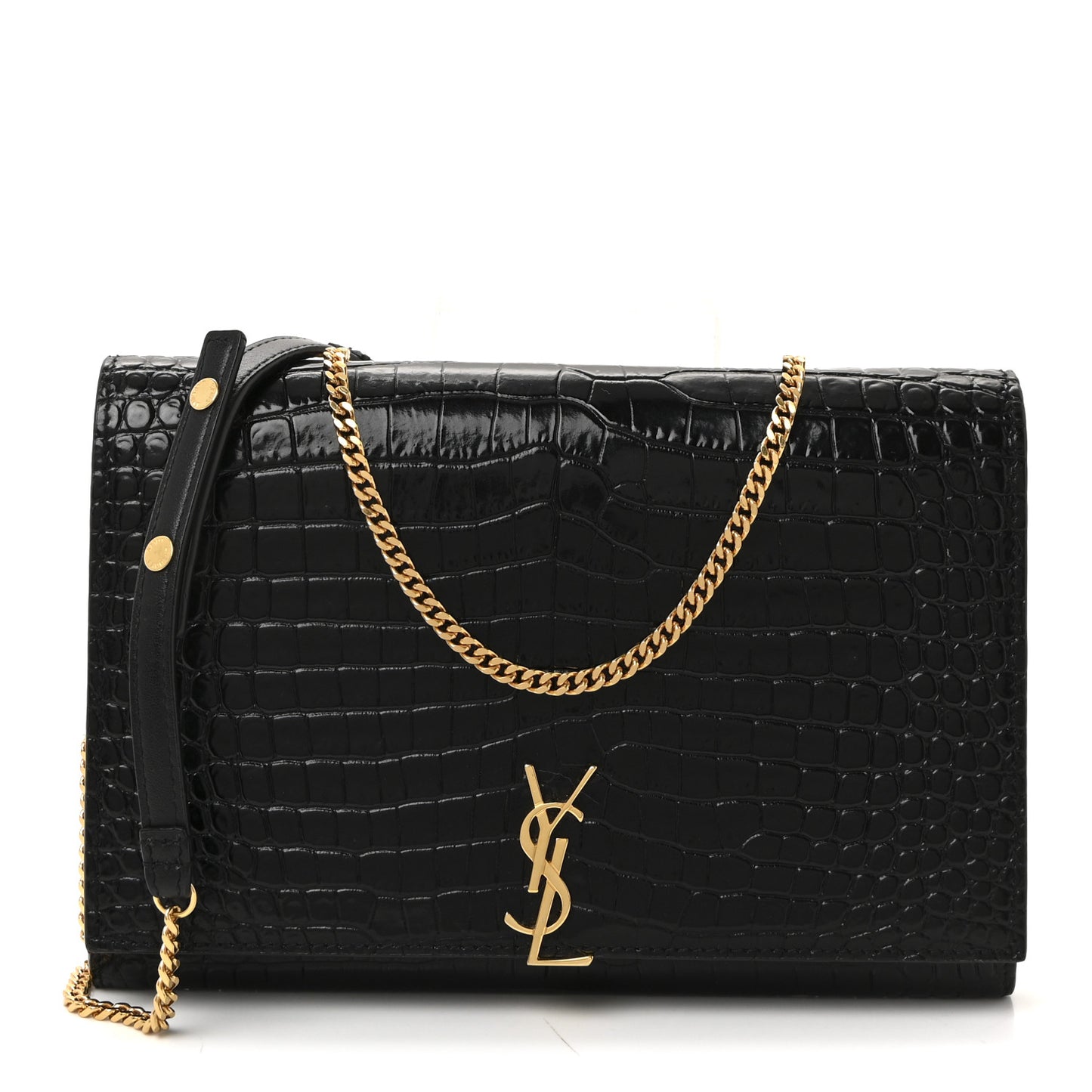 Calfskin Crocodile Embossed Monogram Chain Wallet Black