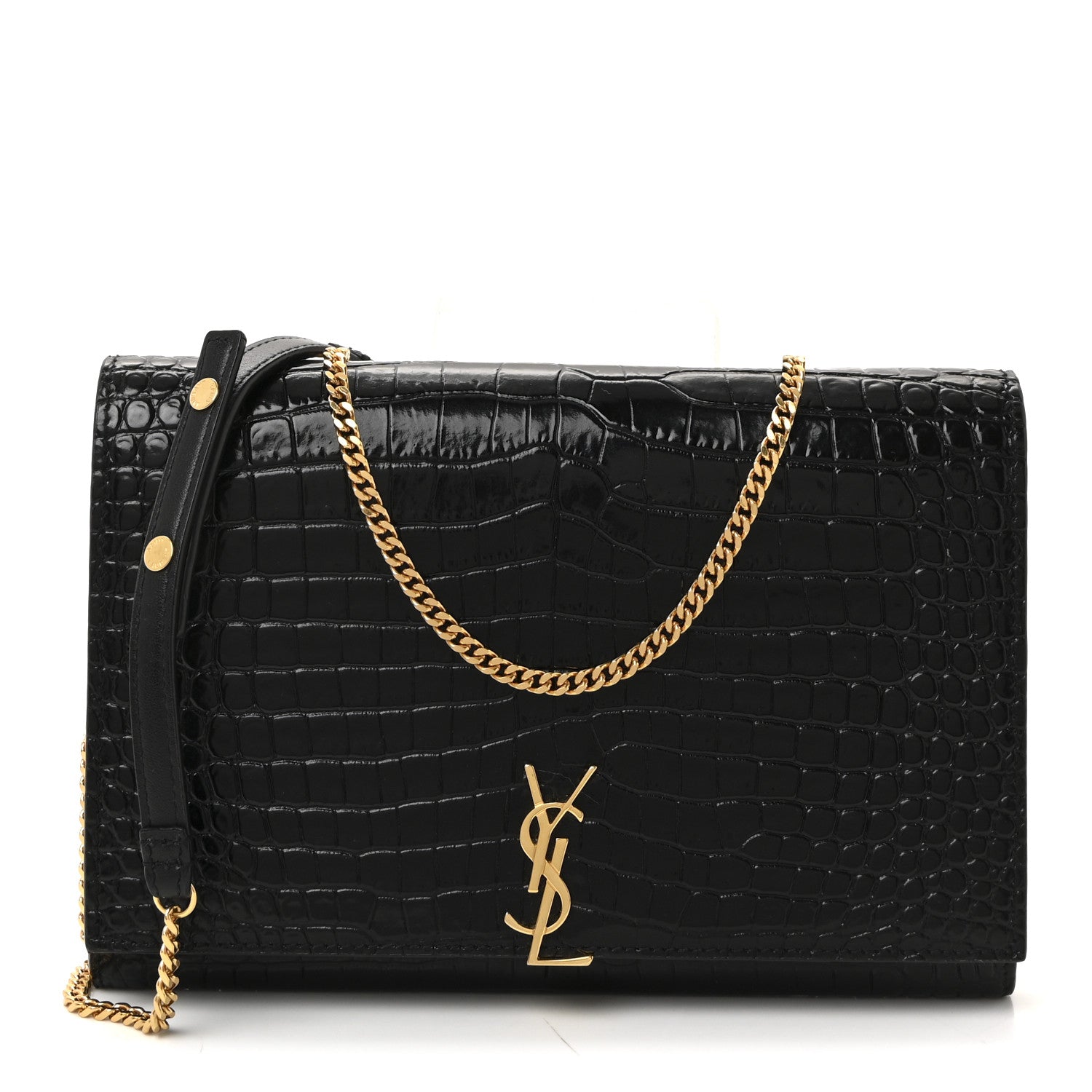Saint Laurent Calfskin Crocodile Embossed Monogram Chain Wallet Black 1 of 9