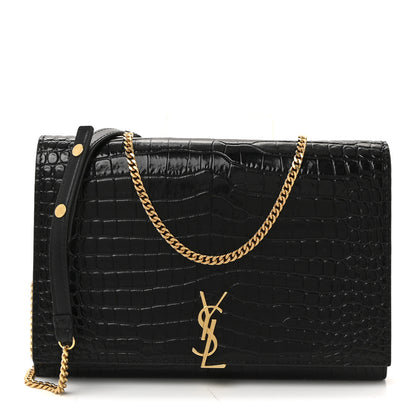 Saint Laurent Calfskin Crocodile Embossed Monogram Chain Wallet Black 1 of 9