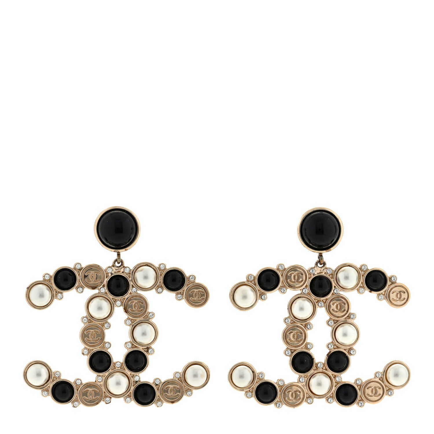 Chanel Crystal Pearl Metal Resin Polka Dot CC Drop Earrings Black Gold 1 of 4