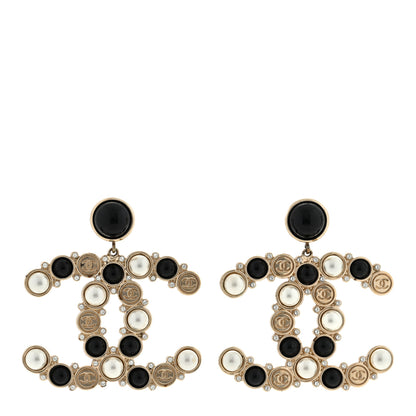 Chanel Crystal Pearl Metal Resin Polka Dot CC Drop Earrings Black Gold 1 of 4