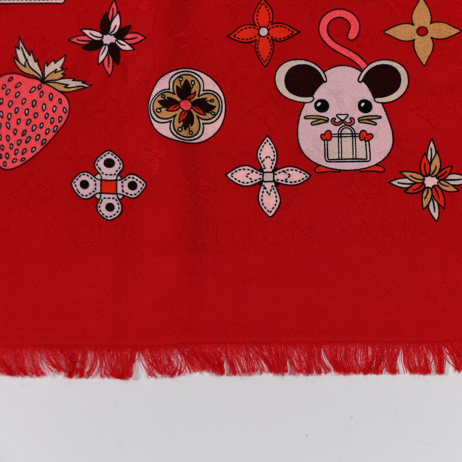 Louis Vuitton Silk Wool Chinese New Year Mouse Shawl Rouge 2 of 9