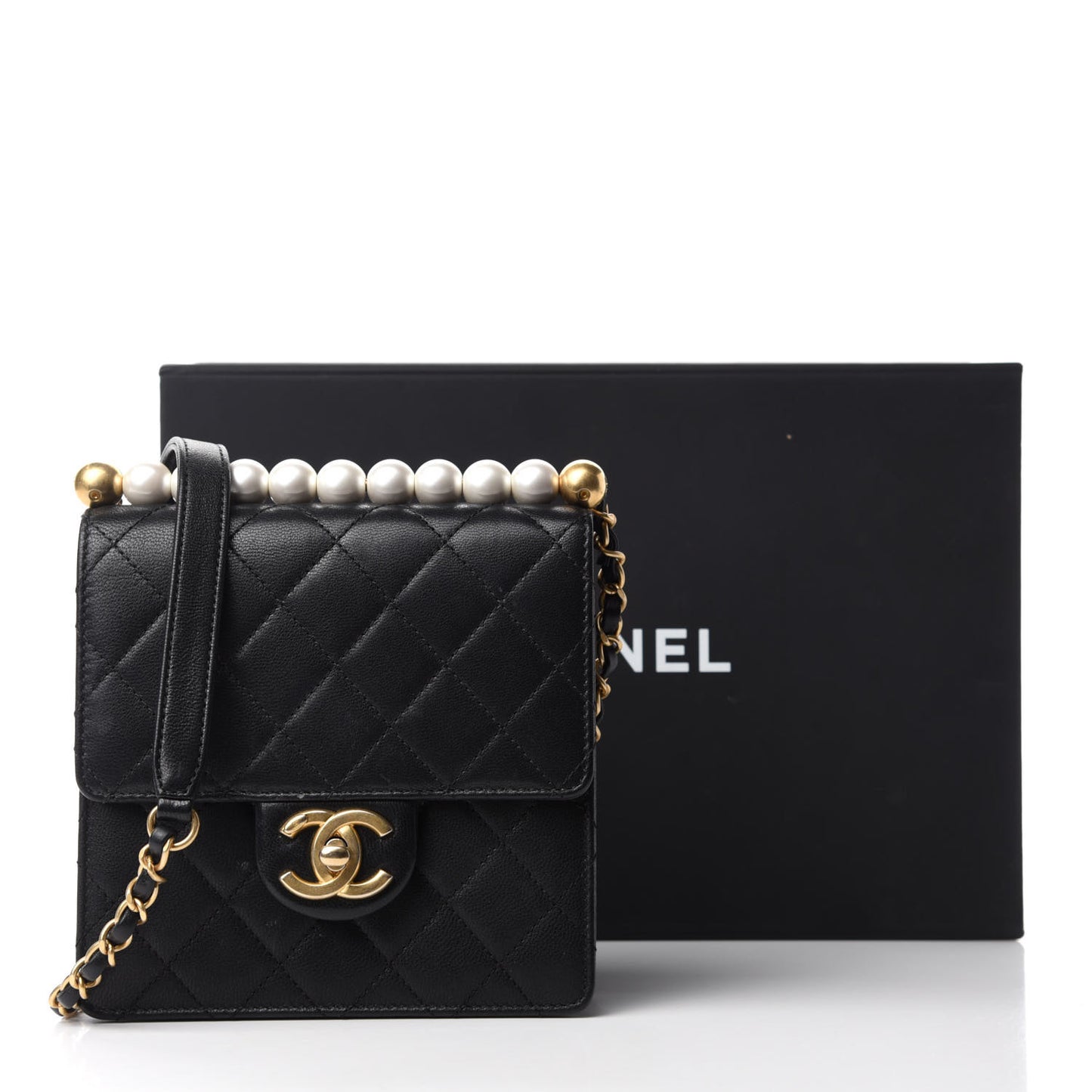 Goatskin Quilted Chic Pearls Flap Black