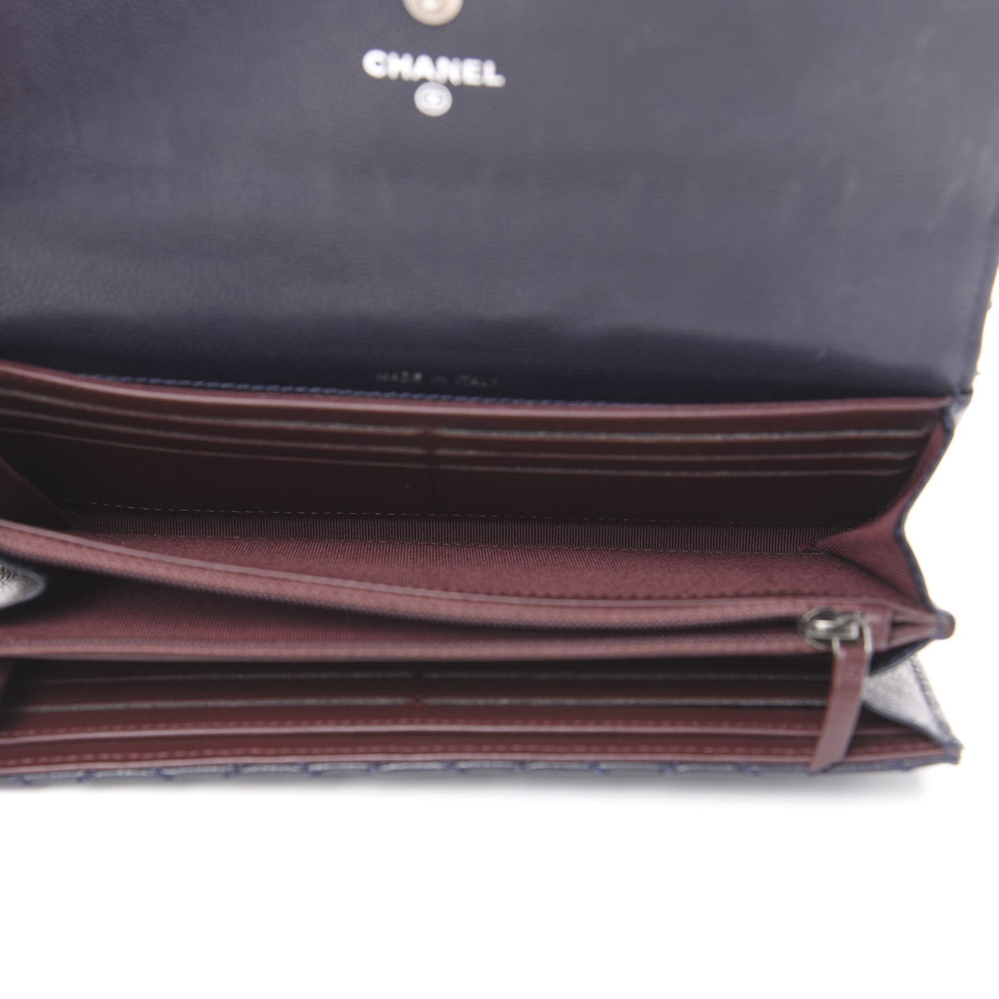 Grained Calfskin Stitched Quilted CC Long Wallet Navy