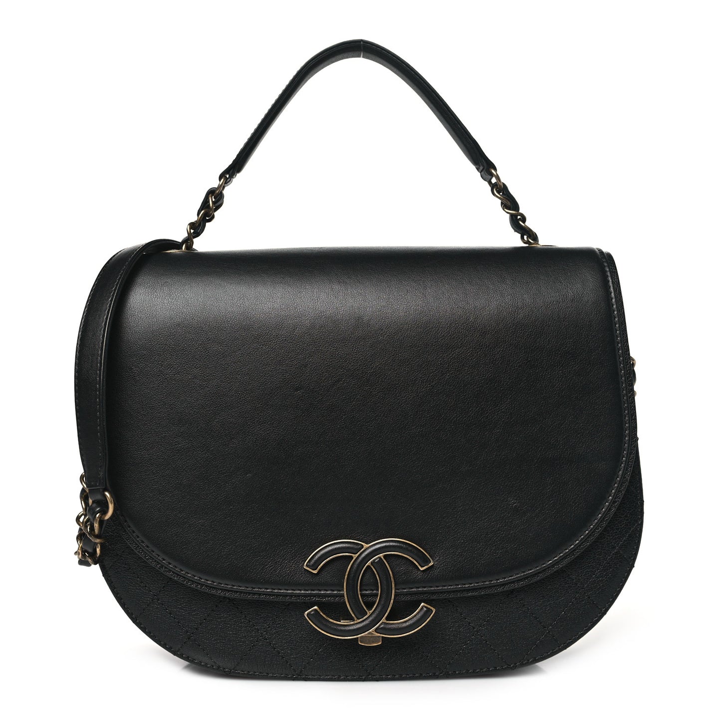 Shiny Calfskin Goatskin Quilted Medium Coco Curve Messenger Flap Black