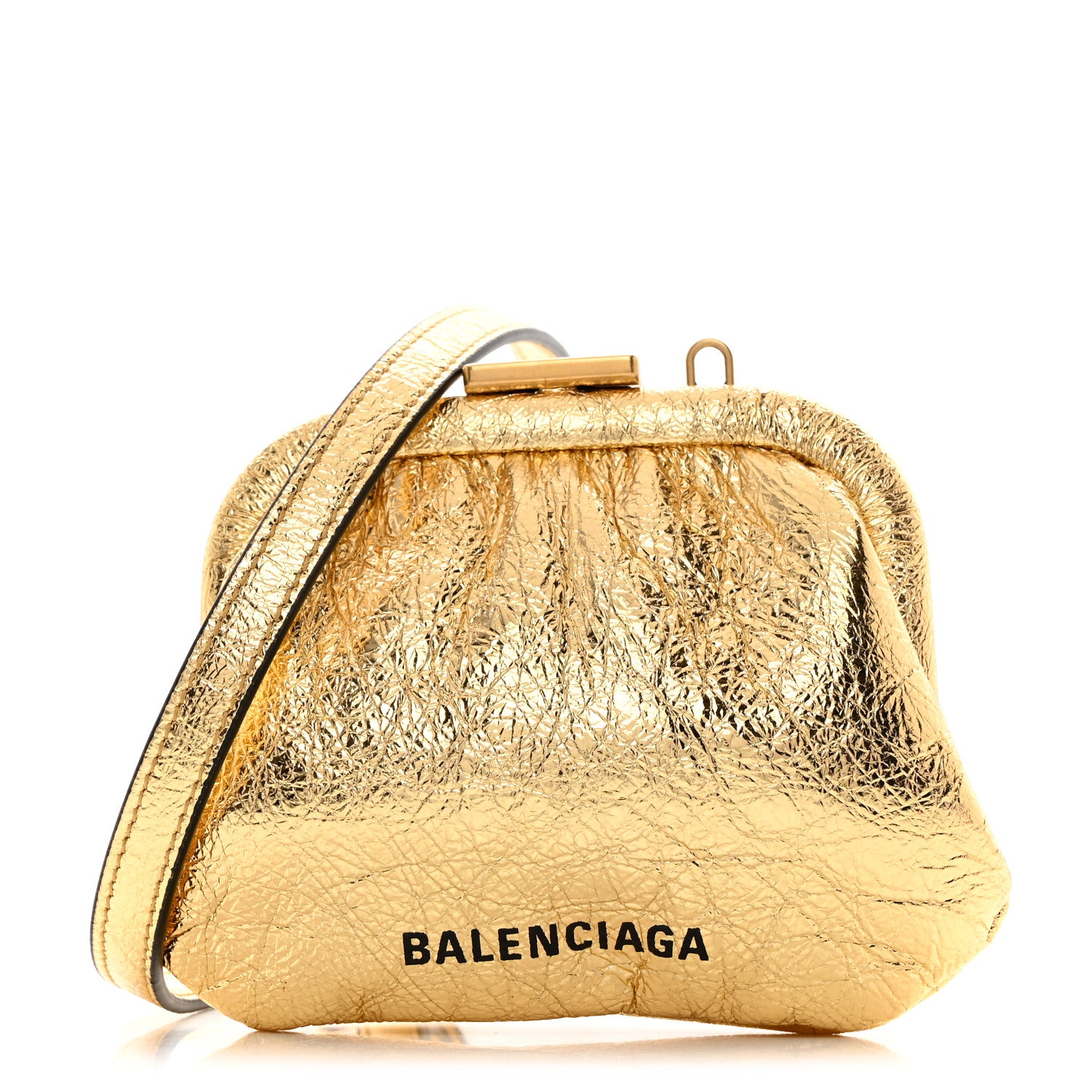 Balenciaga Metallic Textured Calfskin Logo Cloud Coin Purse With Strap Gold 1 of 11