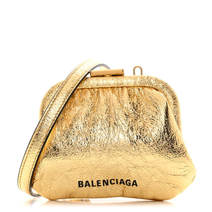Balenciaga Metallic Textured Calfskin Logo Cloud Coin Purse With Strap Gold 1 of 11