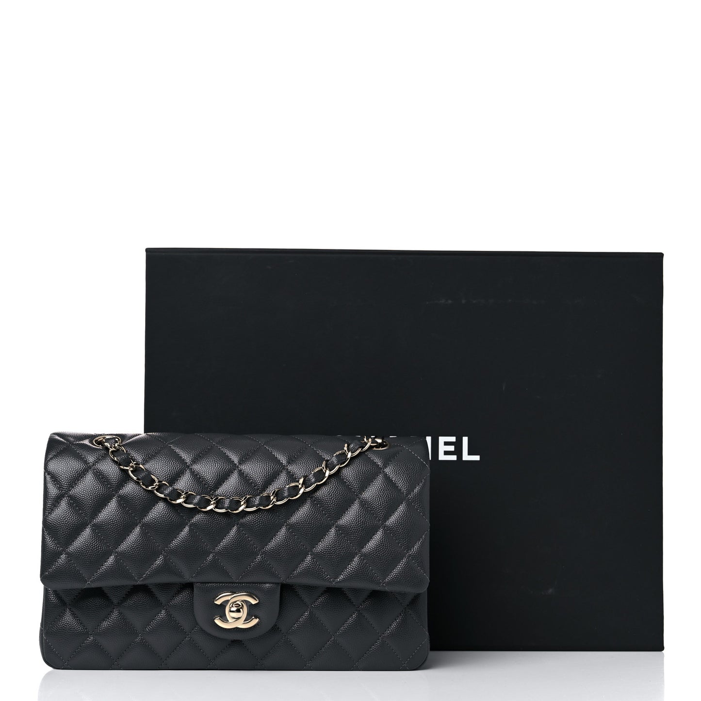 Caviar Quilted Medium Double Flap Dark Grey