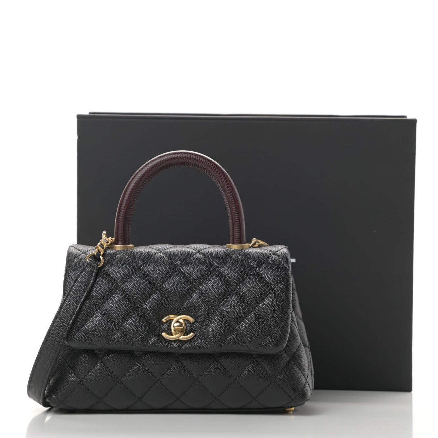 Caviar Lizard Embossed Quilted Mini Coco Handle Flap Black