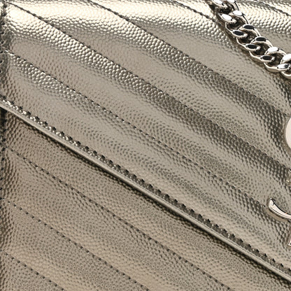Saint Laurent Metallic Grain De Poudre Matelasse Chevron Monogram Chain Wallet Piombo 9 of 12