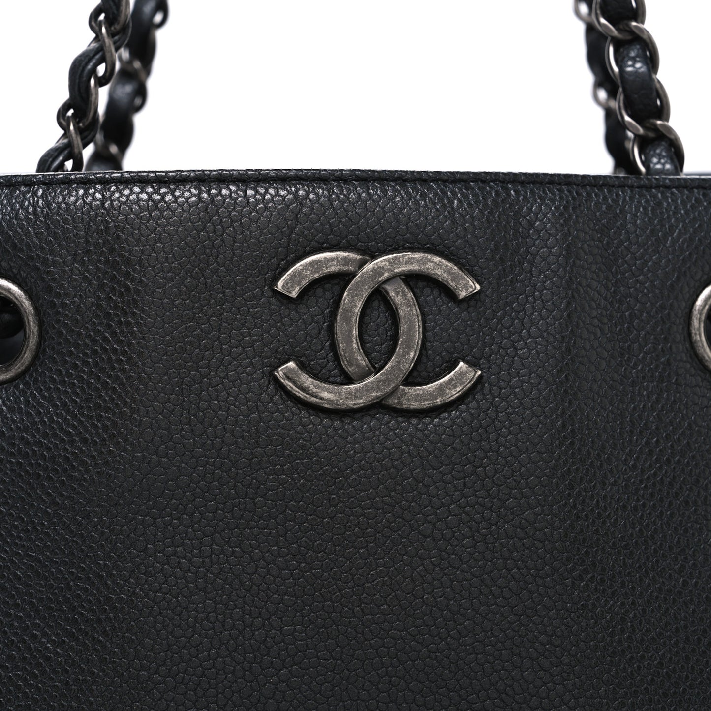 Metallic Grained Calfskin Medium Woven Chain Shopping Bag Black