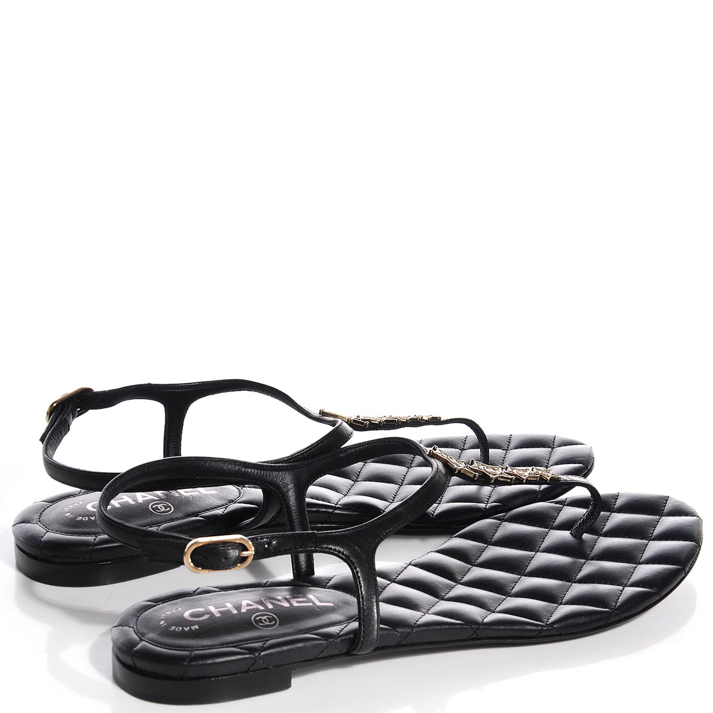 Calfskin Paris Dallas Quilted Star CC Thong Sandals Black 39.5
