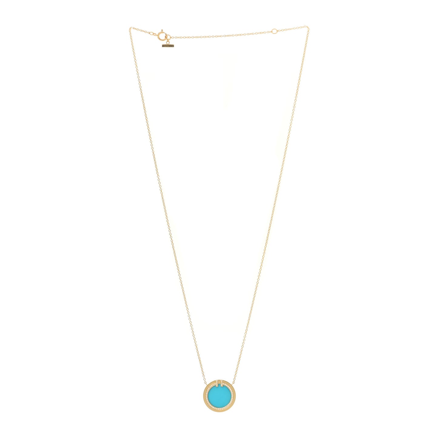 18K Yellow Gold Diamond Turquoise T Circle Pendant Necklace