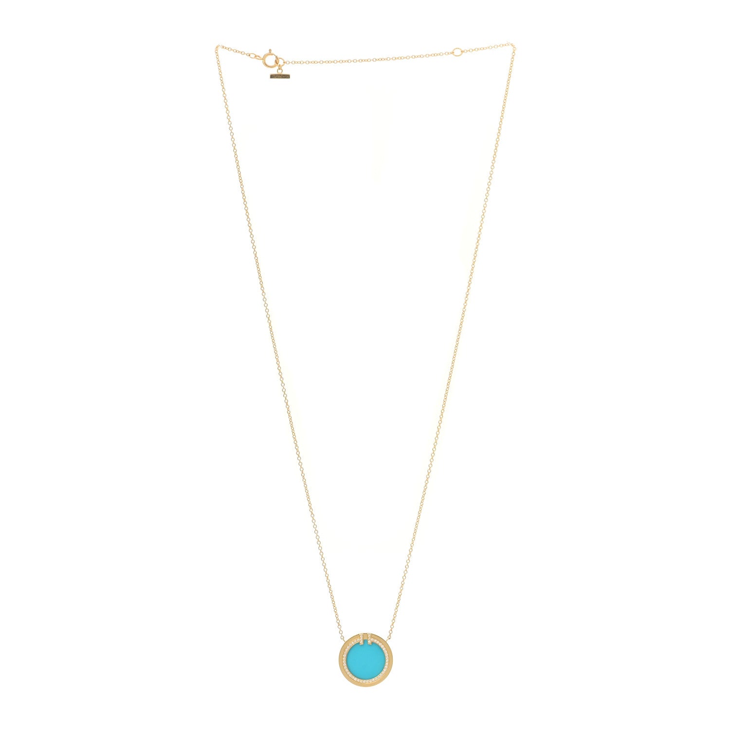 Tiffany 18K Yellow Gold Diamond Turquoise T Circle Pendant Necklace 3 of 7
