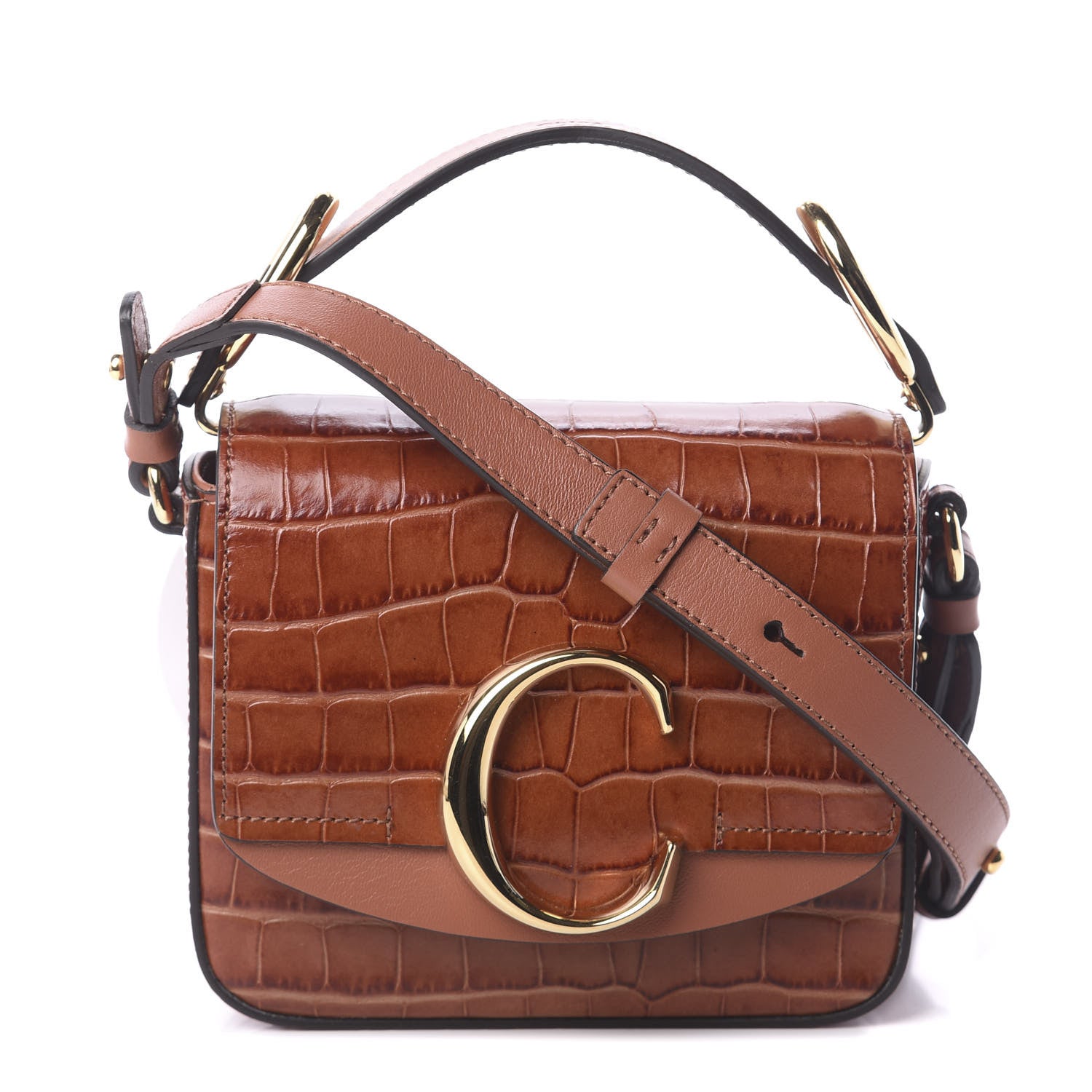 Chloe Calfskin Crocodile Embossed Mini C Double Carry Chestnut Brown 1 of 8