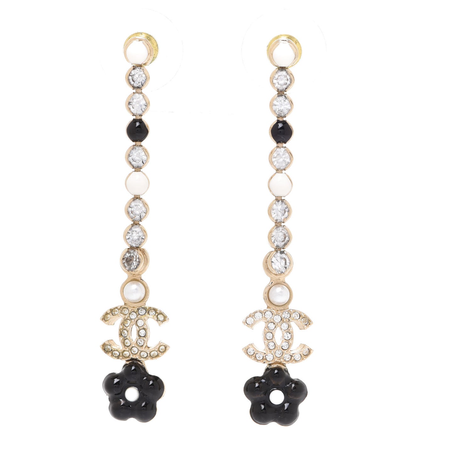 Crystal Enamel Flower CC Drop Earrings Gold White Black