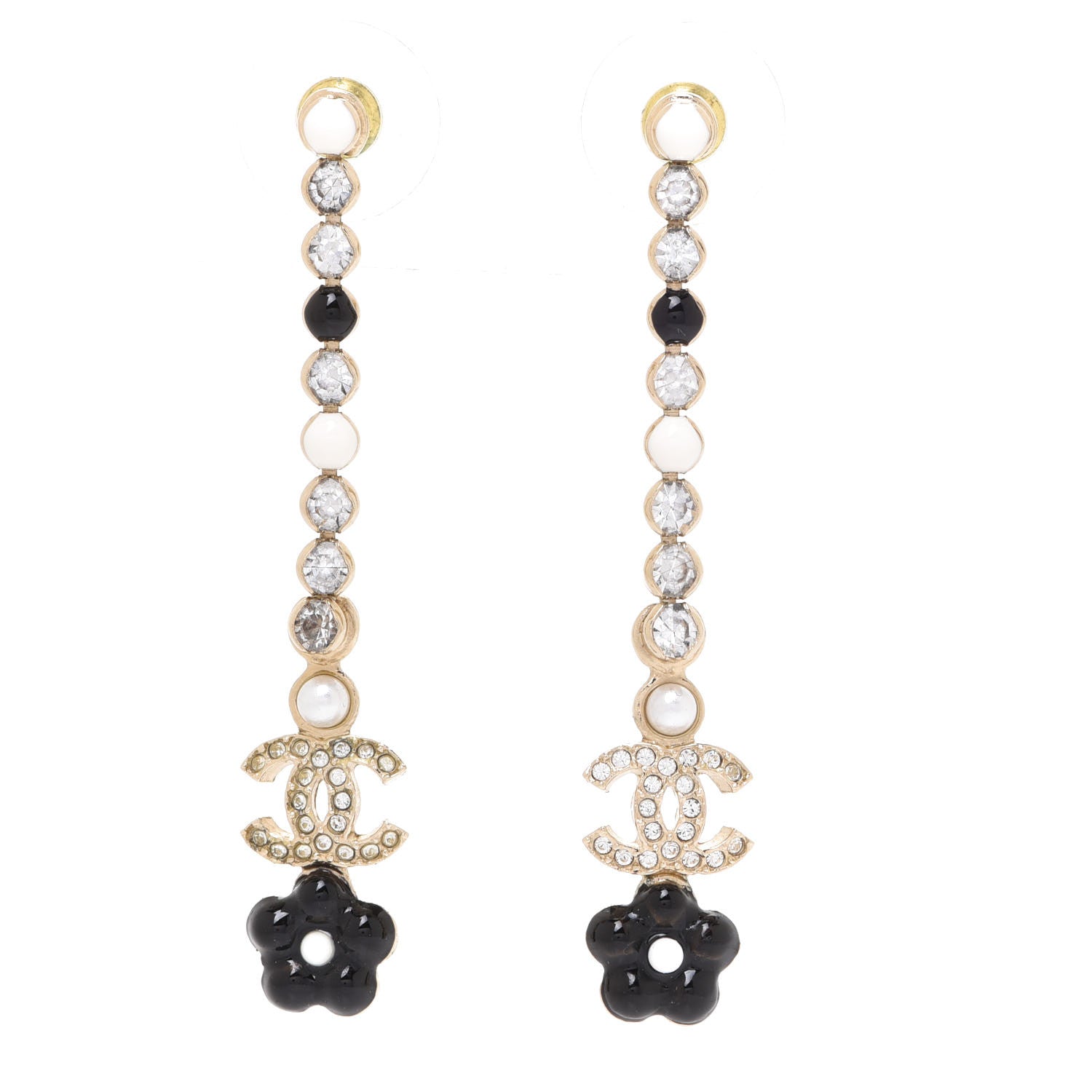 Chanel Crystal Enamel Flower CC Drop Earrings Gold White Black 1 of 5
