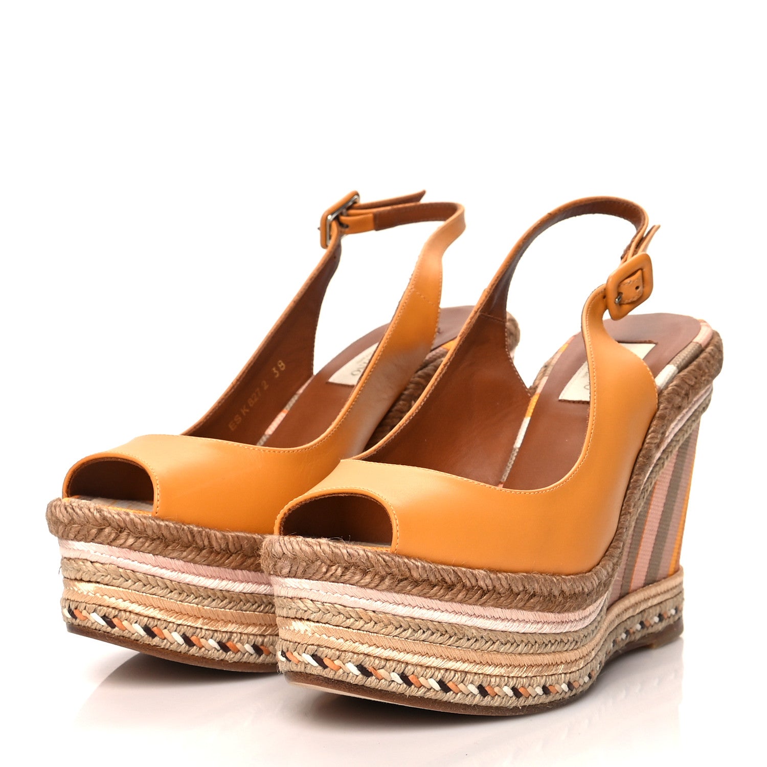 Valentino Garavani Calfskin Canvas Native Couture 1975 Espadrille Wedge Slingback Sandals 38 Mandarin Sorbet Multicolor 3 of 8