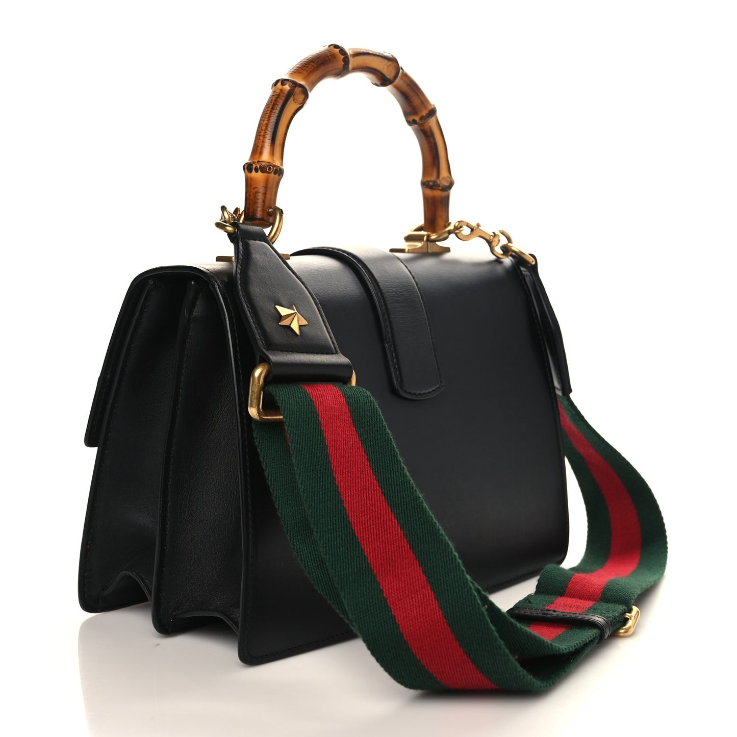 Moon Calfskin Web Medium Dionysus Bamboo Top Handle Bag Black Bright Evergreen Hibiscus Red
