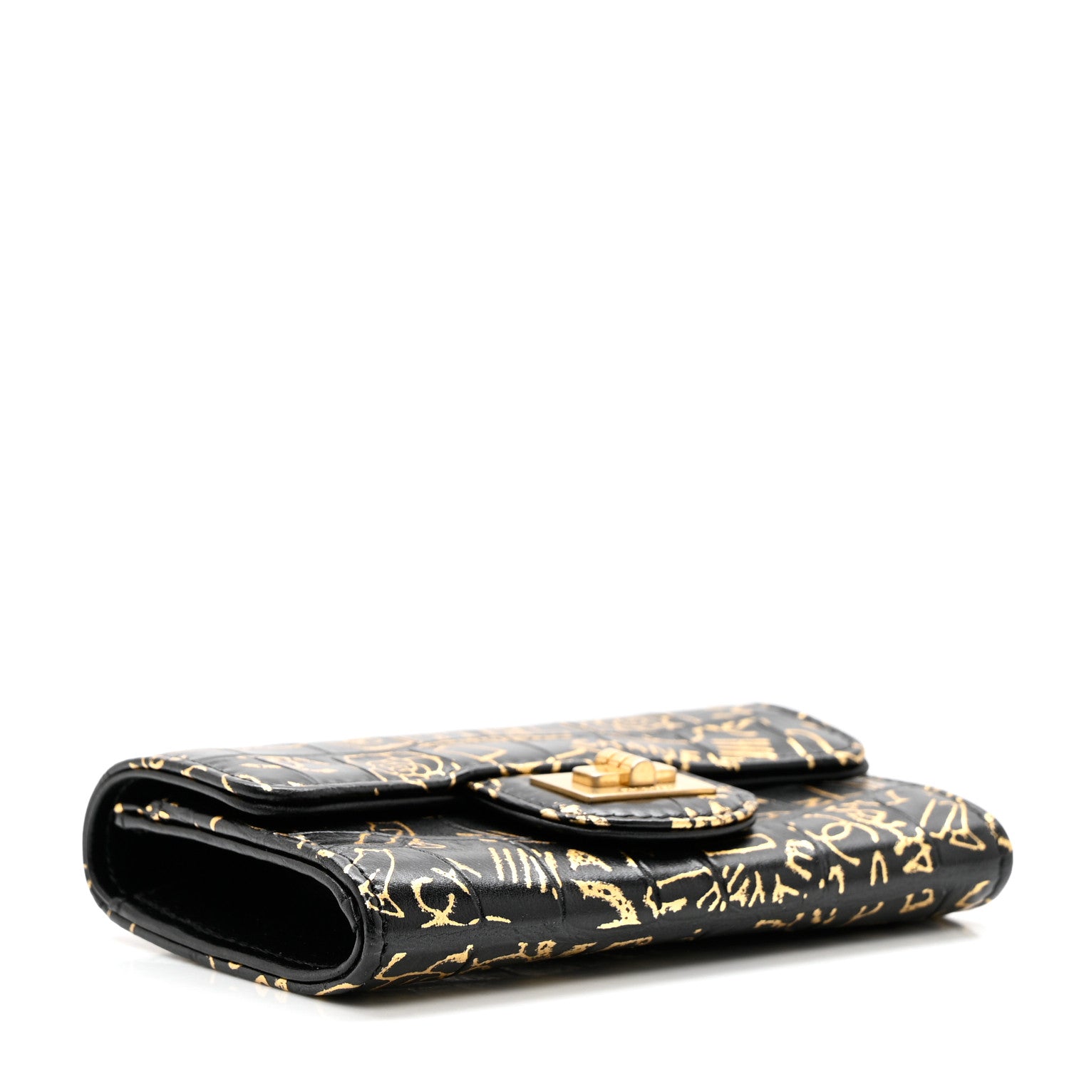 Chanel Calfskin Crocodile Embossed Graffiti 2.55 Cocodile Reissue Flap Card Holder Black Gold 4 of 8