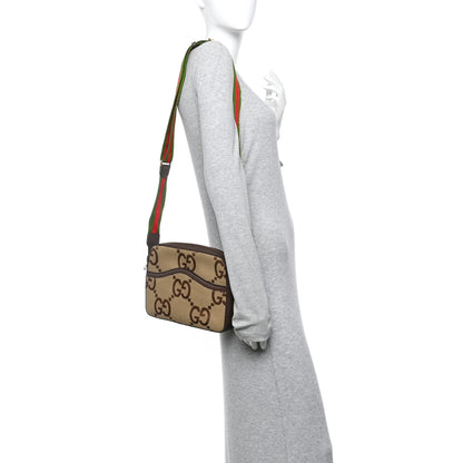 Gucci Monogram Jumbo GG Textured Dollar Calfskin Web Messenger Shoulder Bag Camel Ebony New Acero 2 of 13