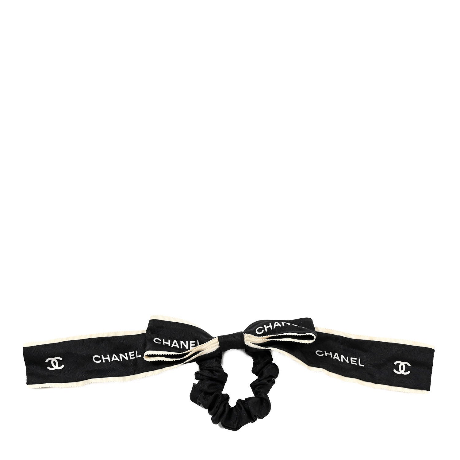 Chanel Silk CC Bow Hair Tie Black Ecru 1 of 4