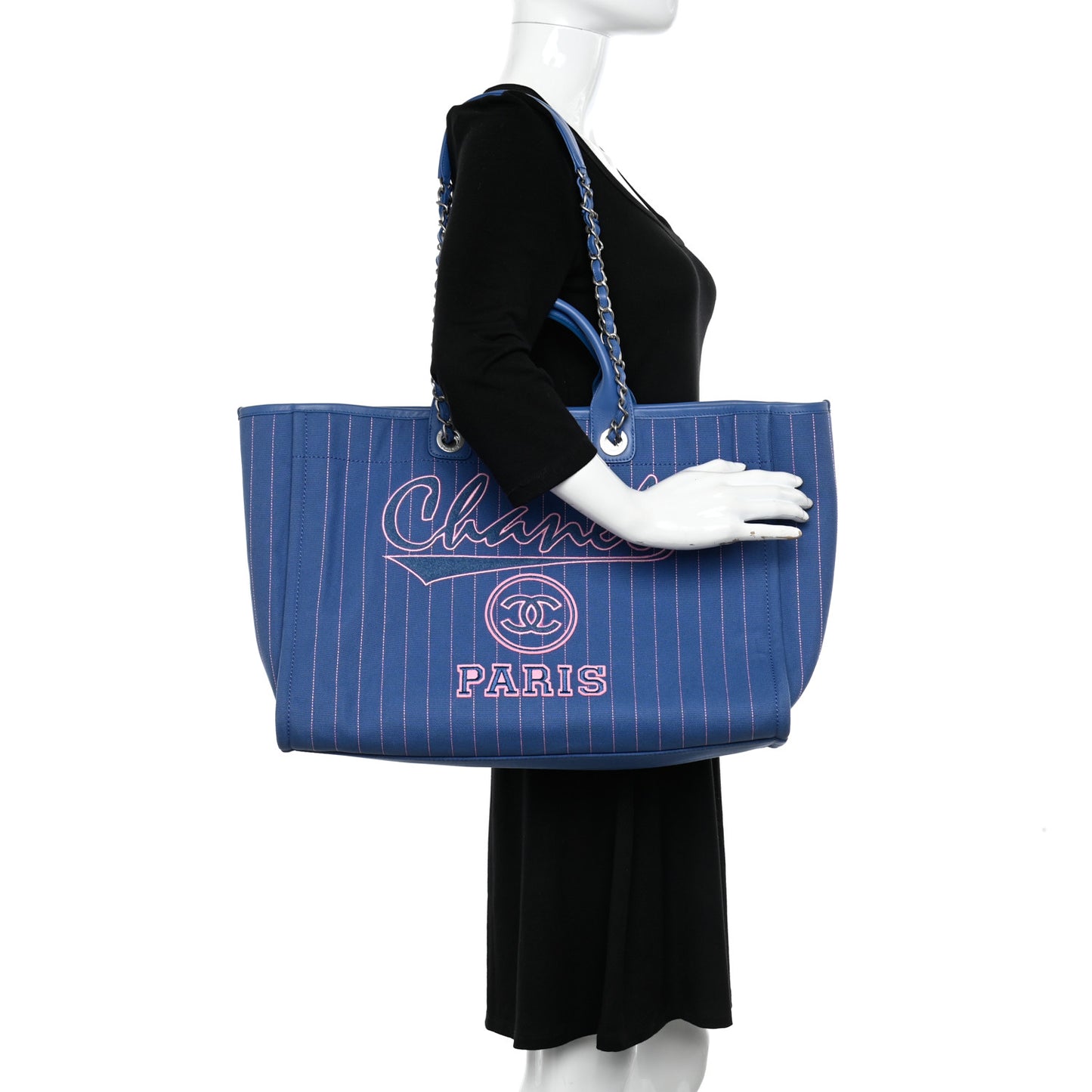Canvas Calfskin Striped Large Deauville Tote Blue