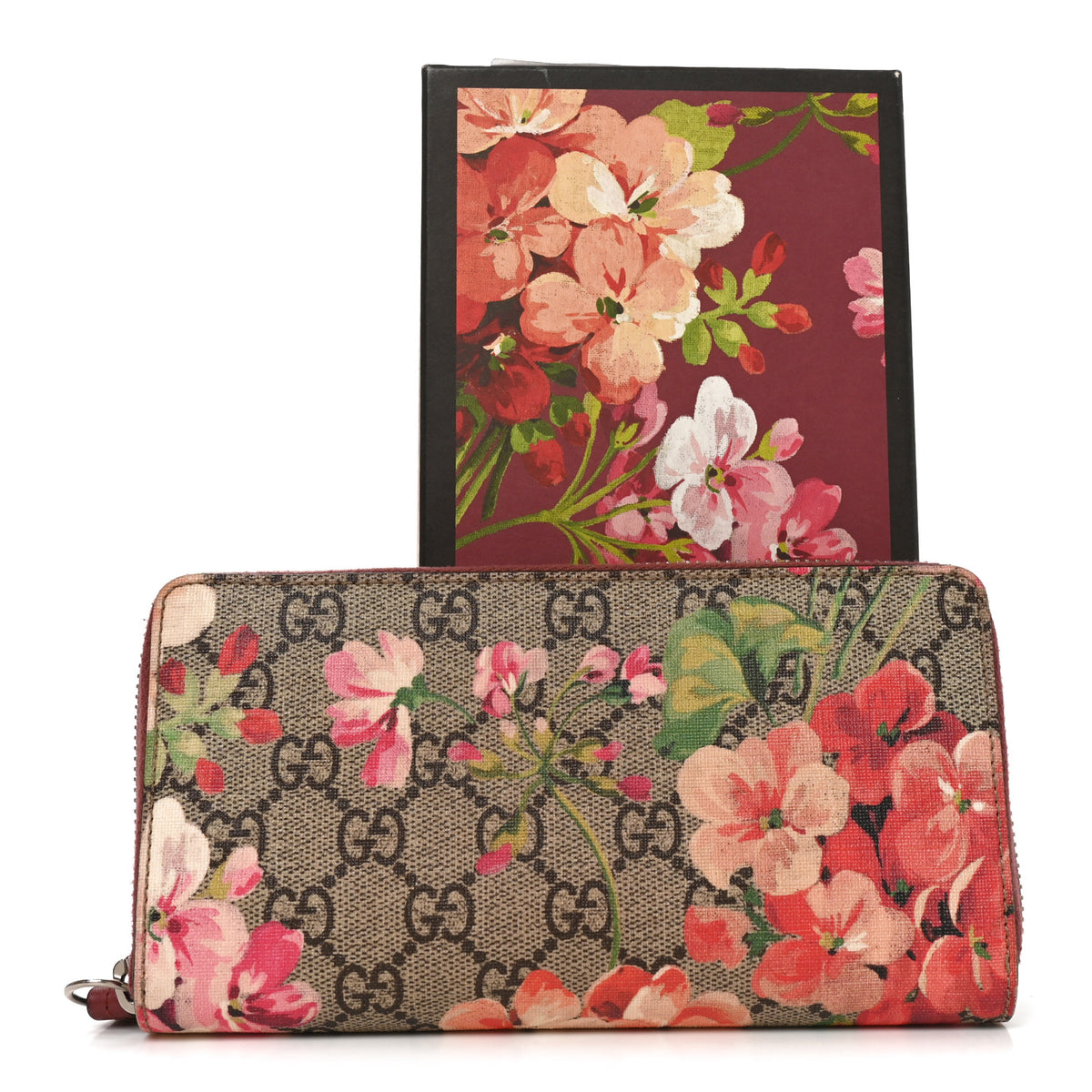 GG Supreme Monogram Blooms Zip Around Wallet Beige Multicolor Dry Rose