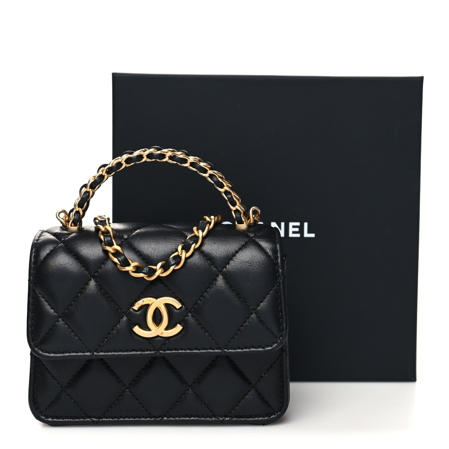 Chanel Lambskin Quilted Chain Top Handle Clutch With Chain Black 12 of 12
