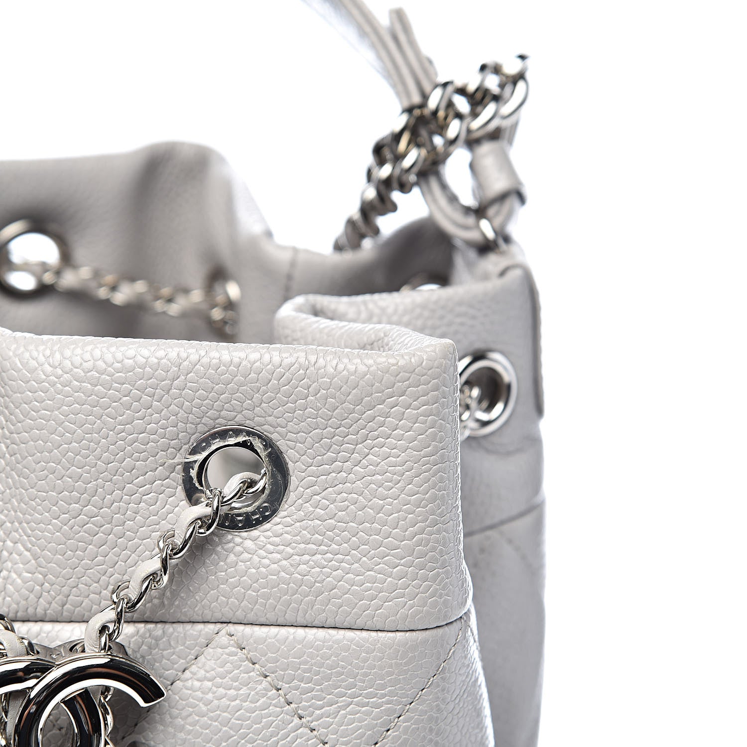 Chanel Grained Calfskin Quilted Medium CC Chain Bucket Drawstring Bag Light Grey 10 of 15