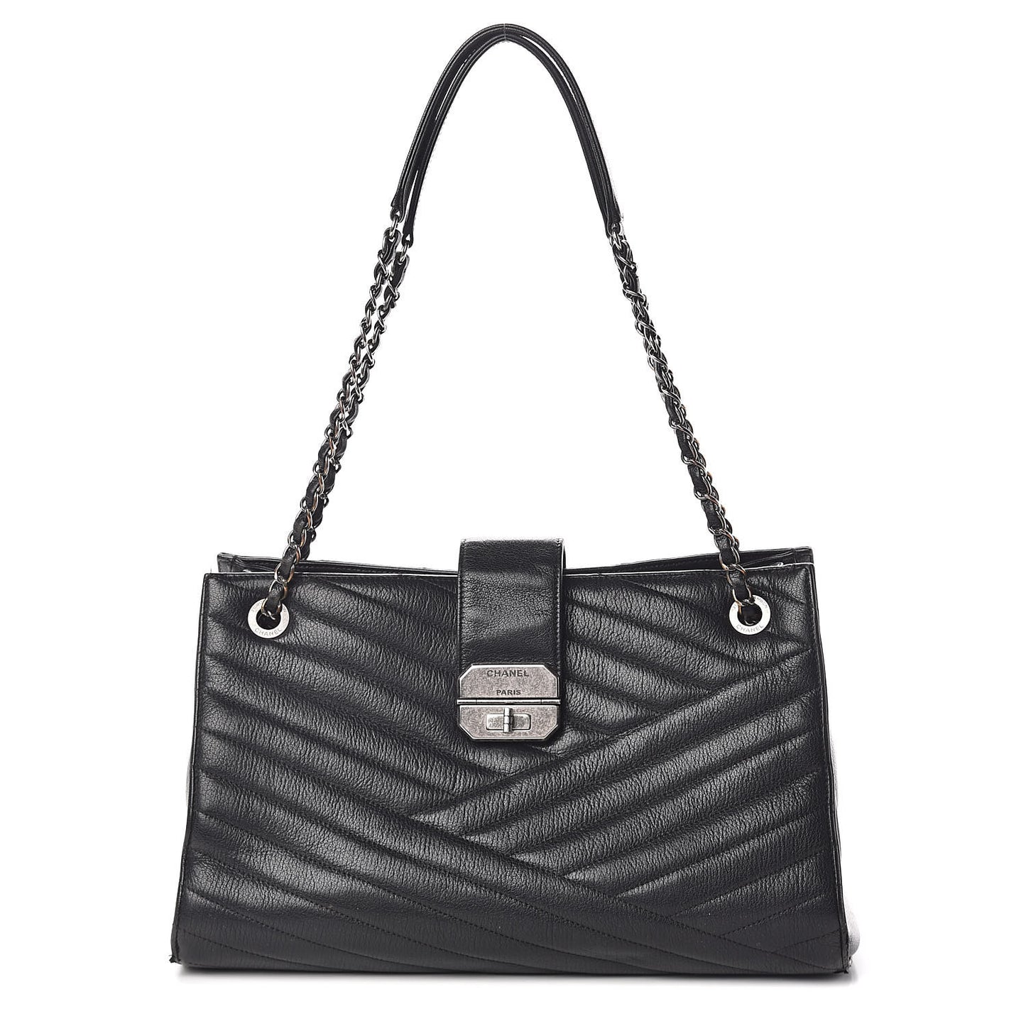 Shiny Goatskin Chevron Quilted Large Gabrielle Shopping Tote Black