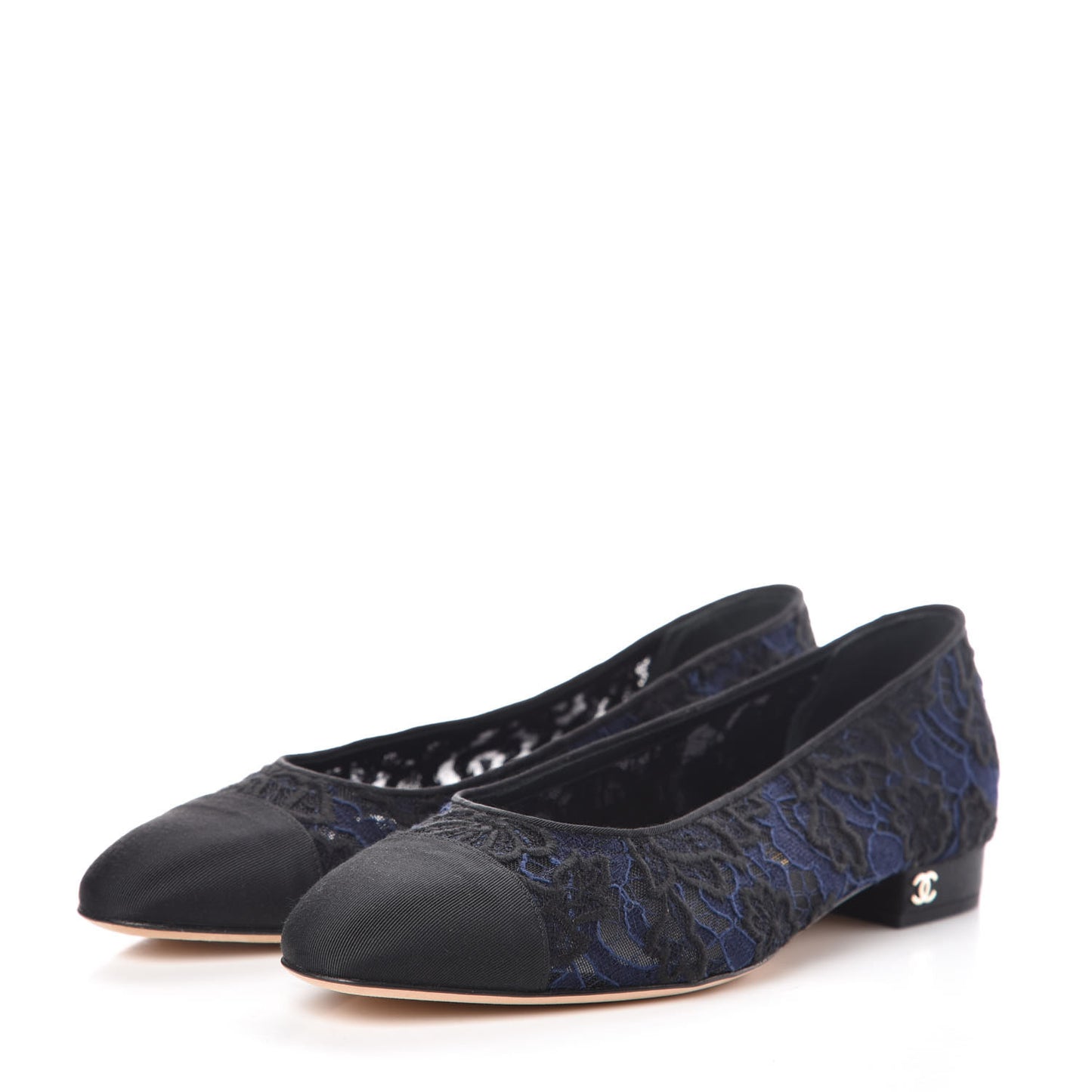 Lace Grosgrain Cap Toe CC Ballerina Flats 37 Navy Black