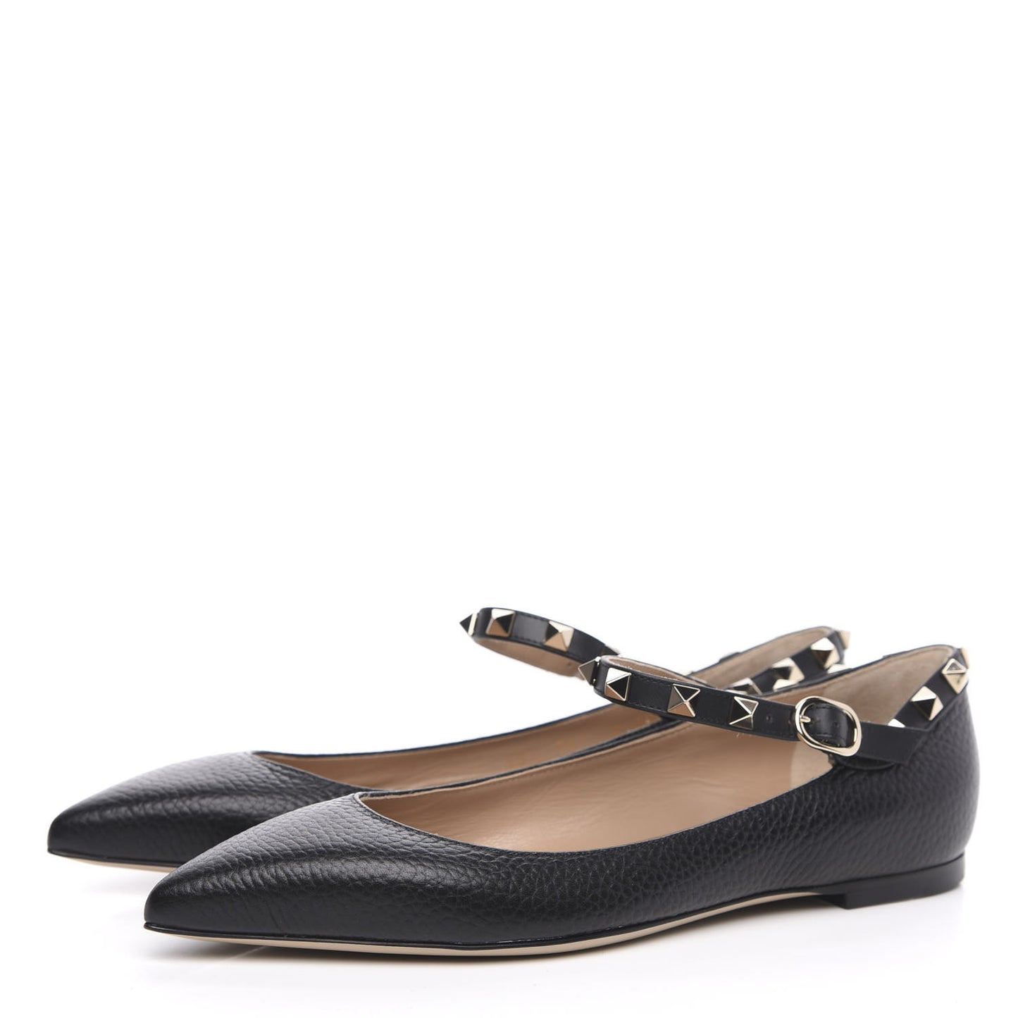 Pebbled Calfskin Rockstud Ankle Strap Ballerina Flats 35.5 Black