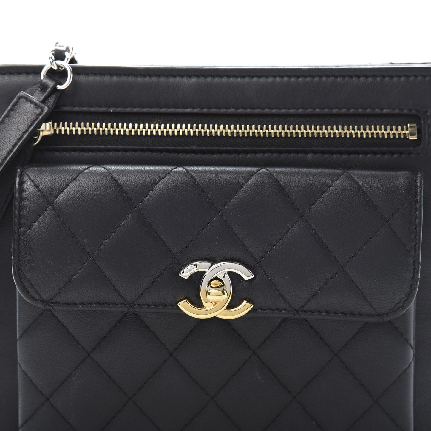 Lambskin Quilted Square Front Pocket Clutch With Chain Black