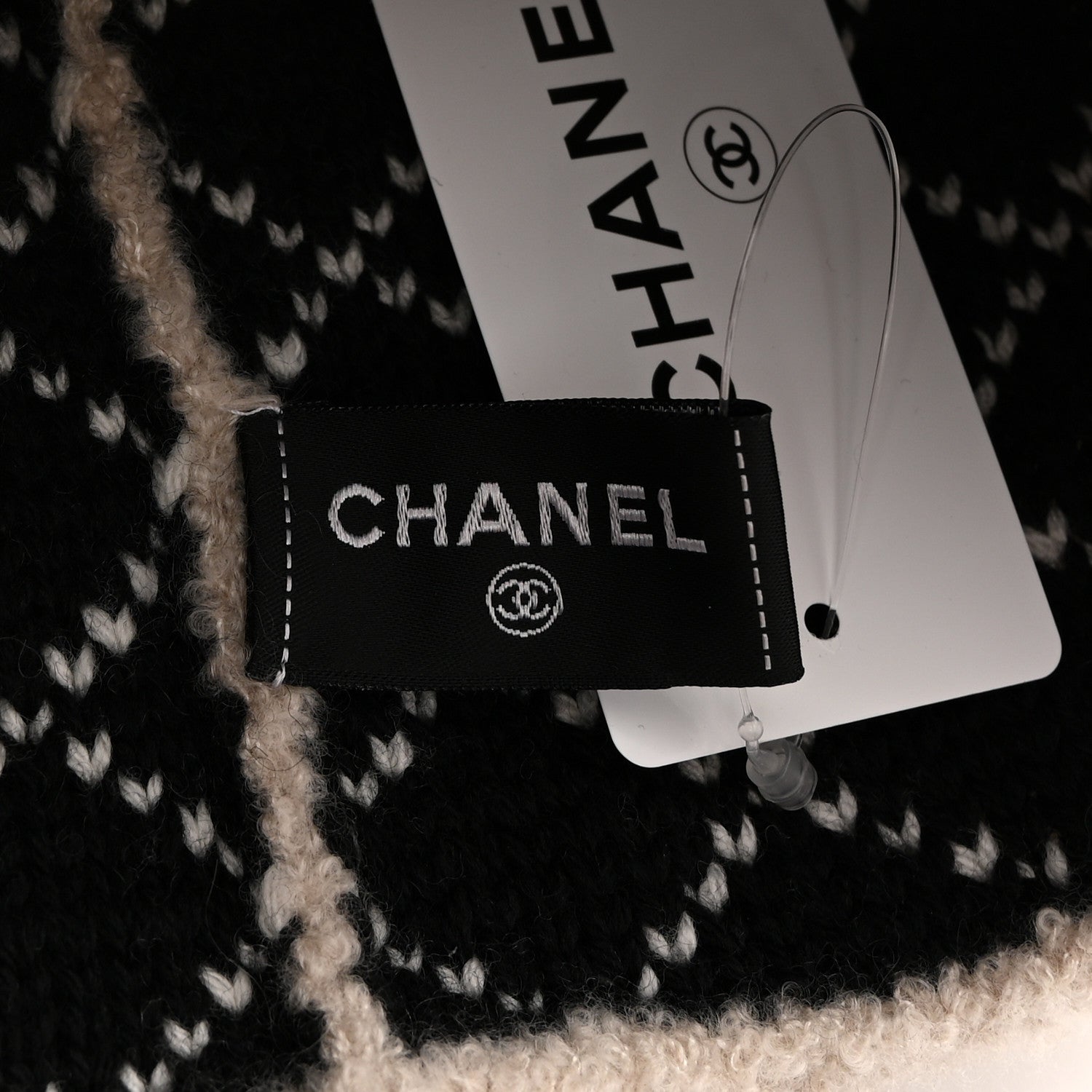 Chanel Wool Cashmere CC Beanie Hat Beige Black White 5 of 7