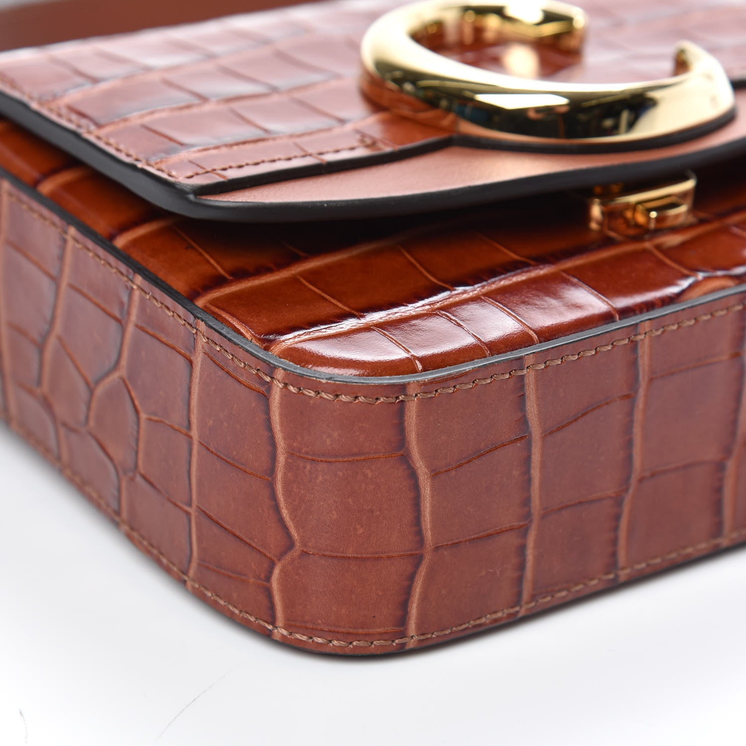 Chloe Calfskin Crocodile Embossed Mini C Double Carry Chestnut Brown 8 of 9