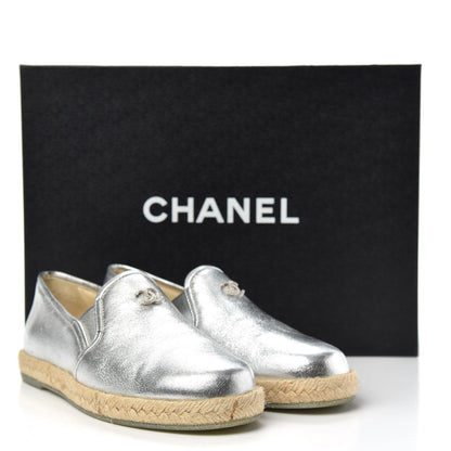 Chanel Crumpled Lambskin CC Mocassin Loafer Espadrilles 35 Silver 10 of 10