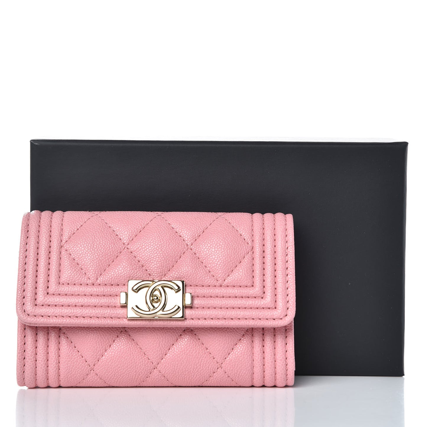 Iridescent Caviar Quilted Boy Card Holder Wallet Light Pink