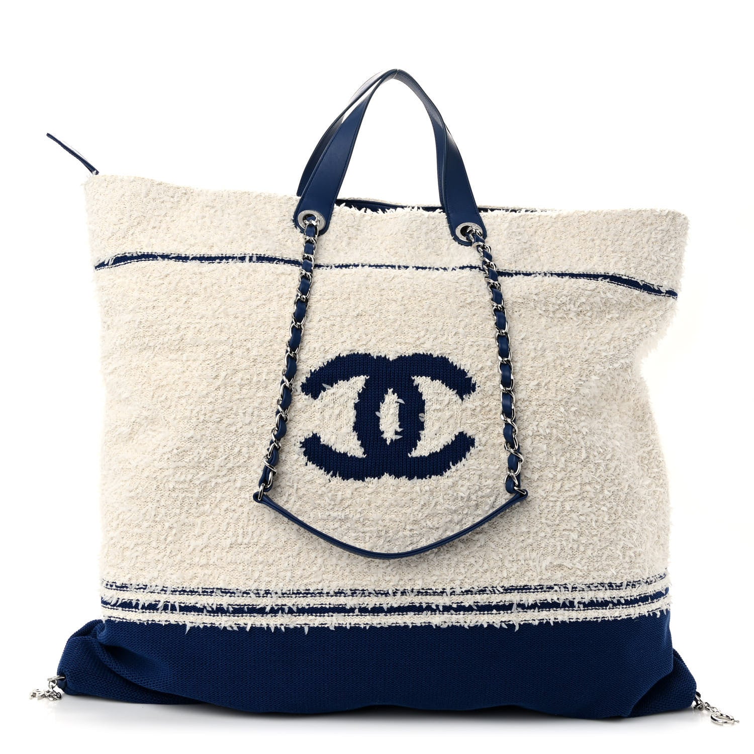 Chanel Tweed Fabric Deauville Biarritz Tote White Navy 1 of 10