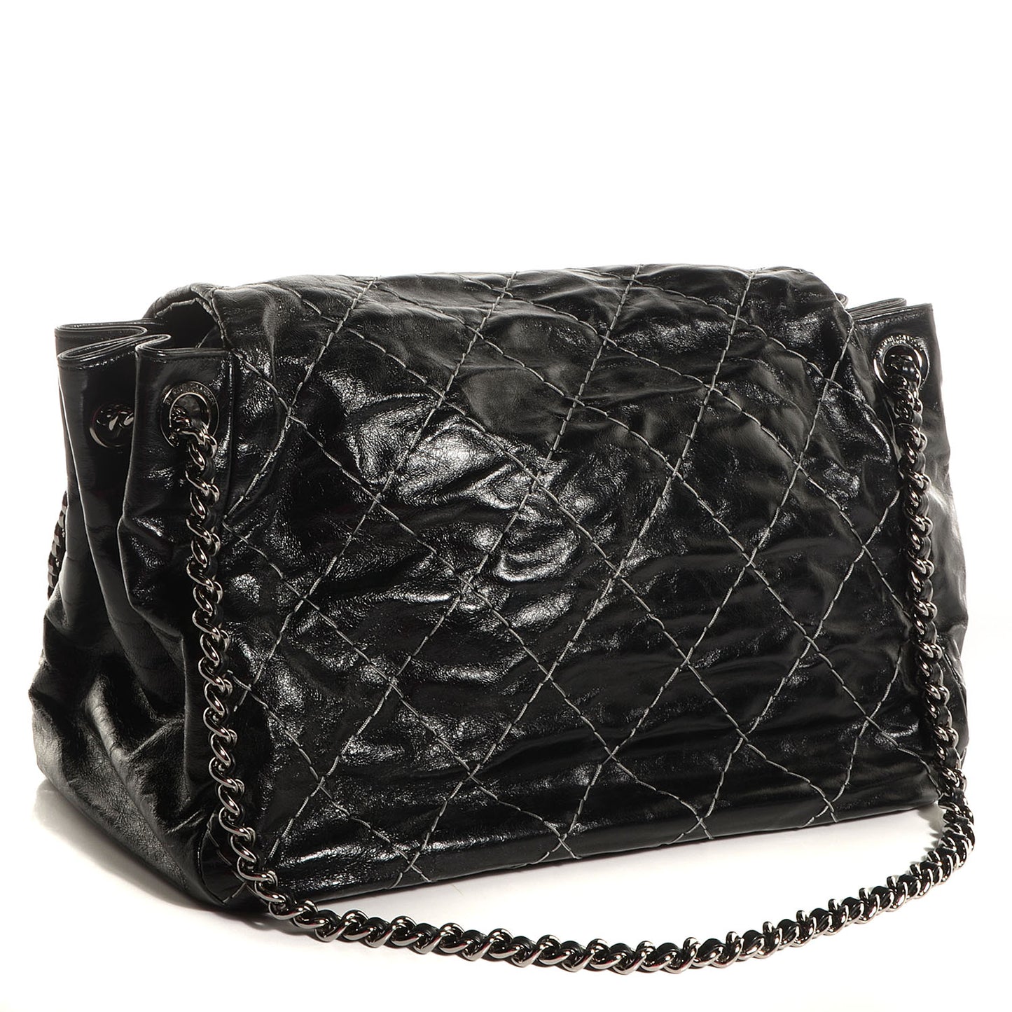 Glazed Goatskin Double Stitch Accordion Flap Black