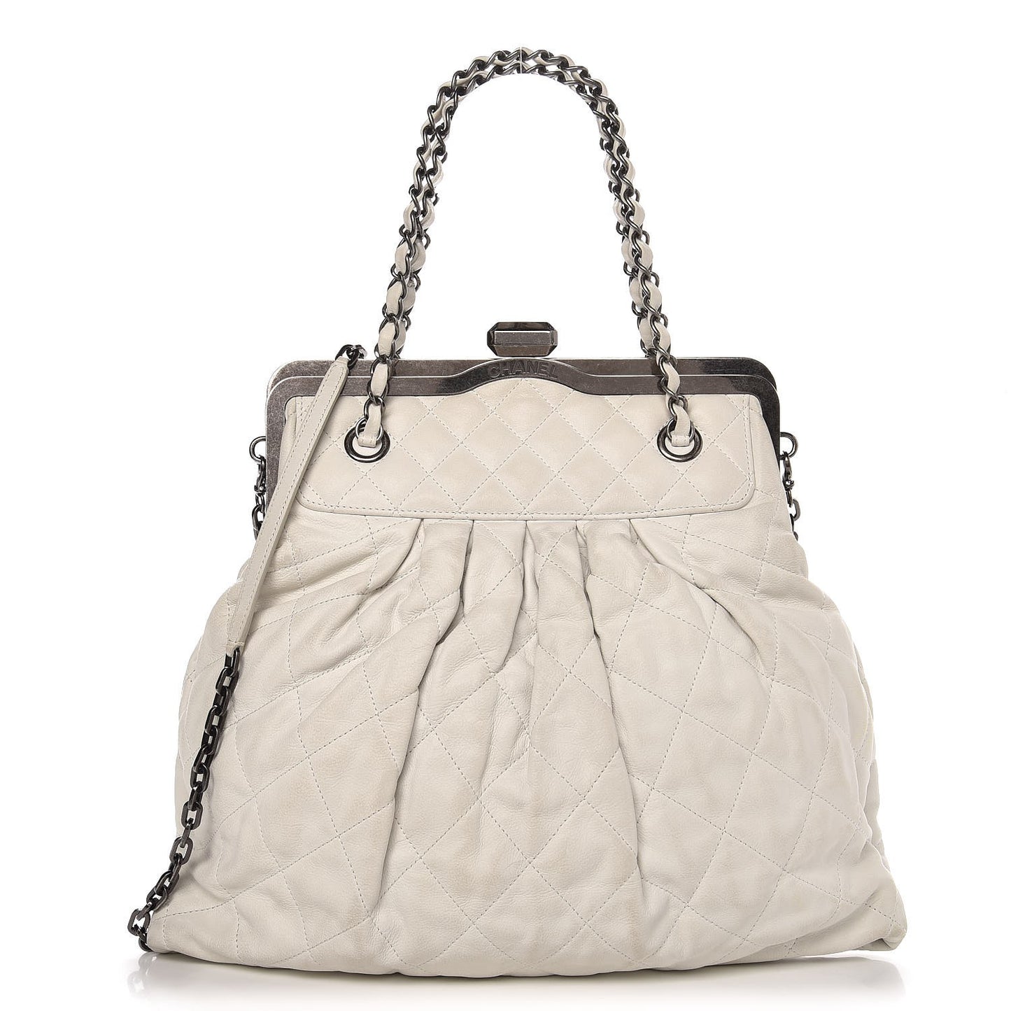 Iridescent Calfskin Chic Quilt Frame Tote White