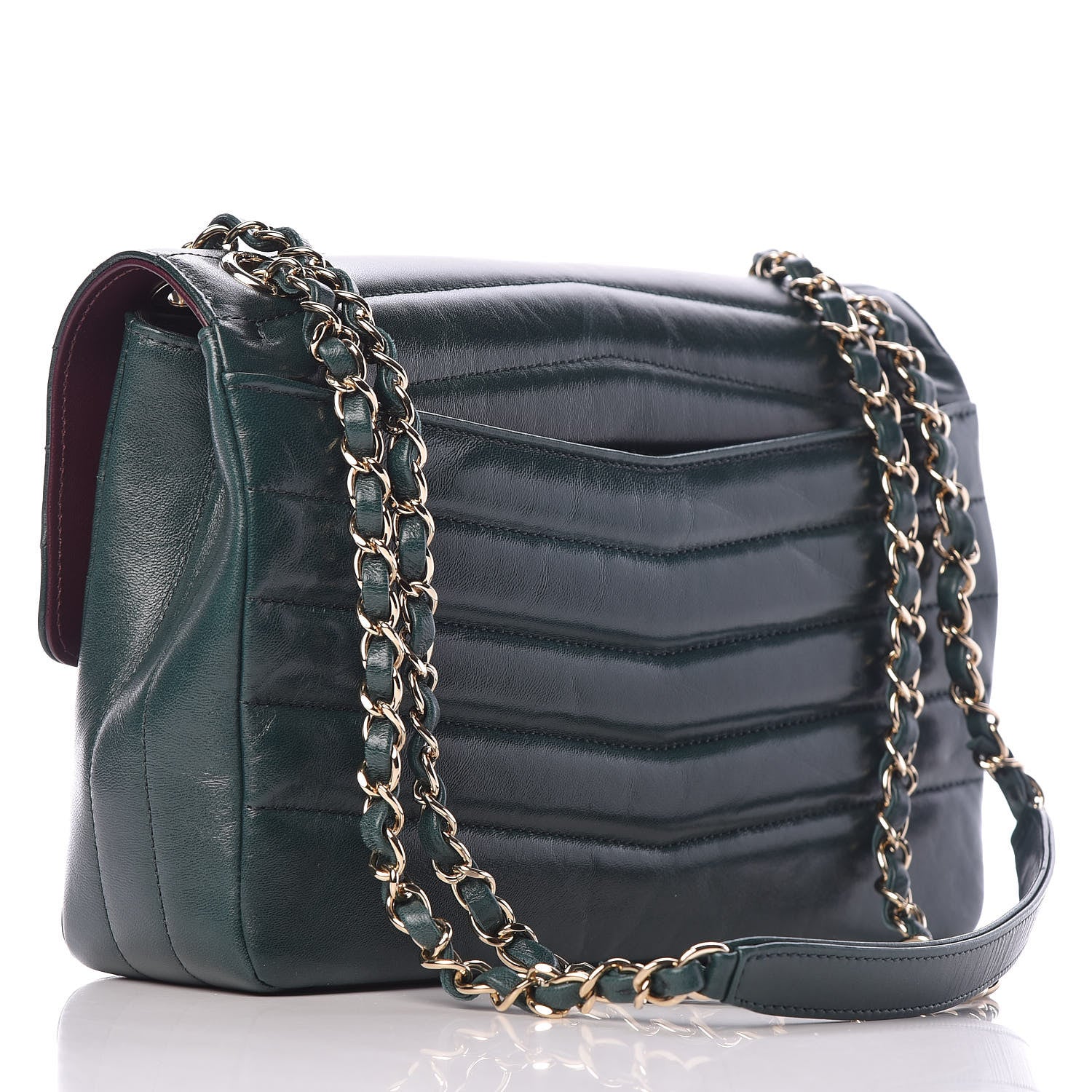 Chanel Shiny Lambskin Quilted Chevron Miroir Dark Green 3 of 10