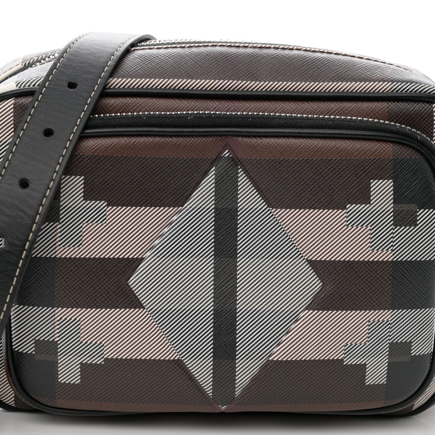 E-Canvas Calfskin Geometric Check Paddy Messenger Dark Birch Brown White