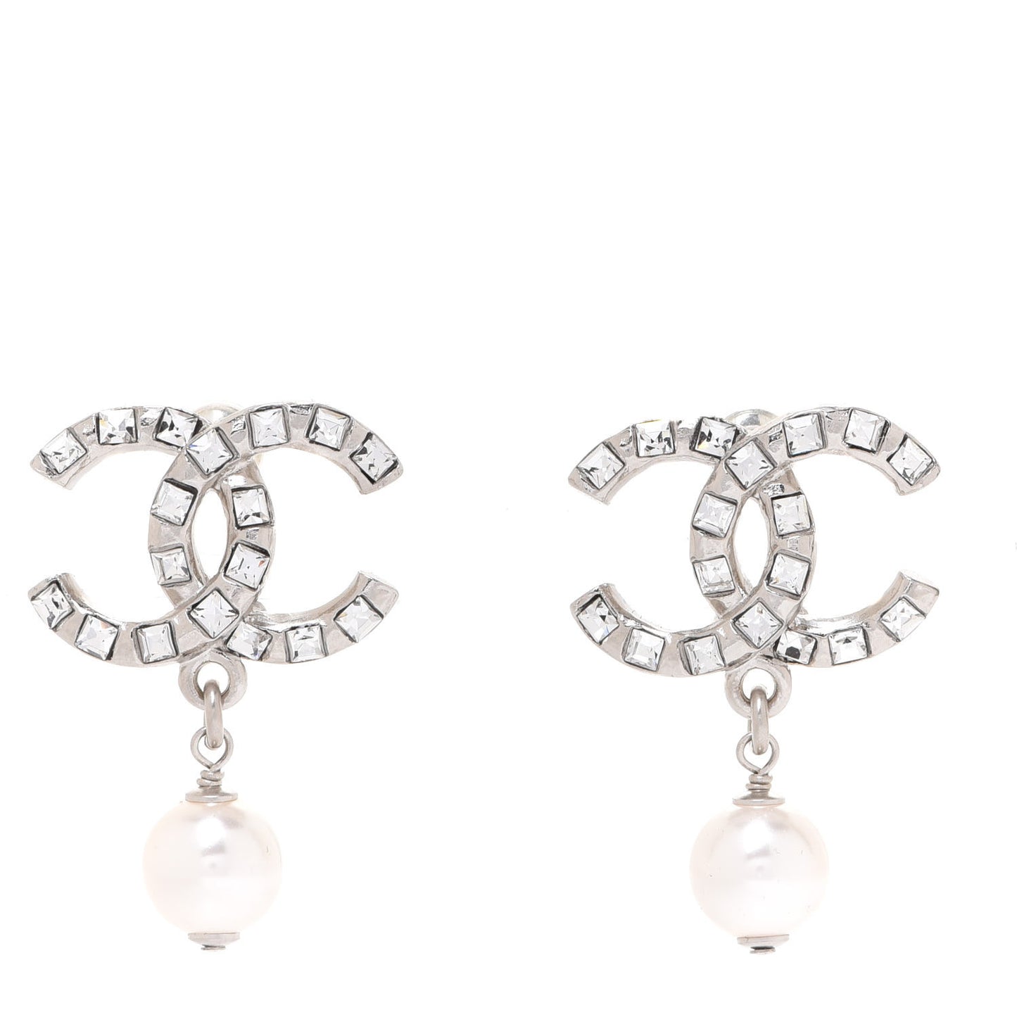 Crystal Baguette Pearl CC Drop Earrings Silver