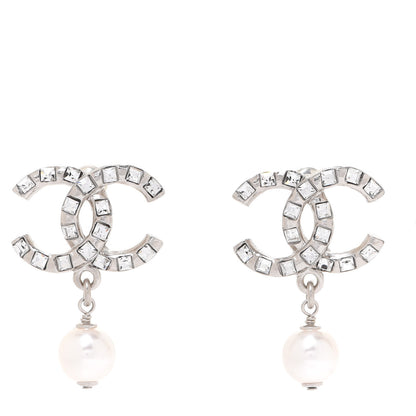 Chanel Crystal Baguette Pearl CC Drop Earrings Silver 1 of 5